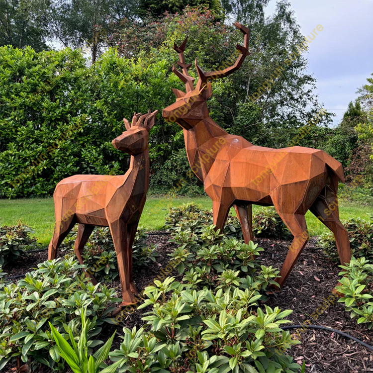 Geometric Corten Steel Deer Pair - Modern Garden Sculpture | Contemporary Metal Art