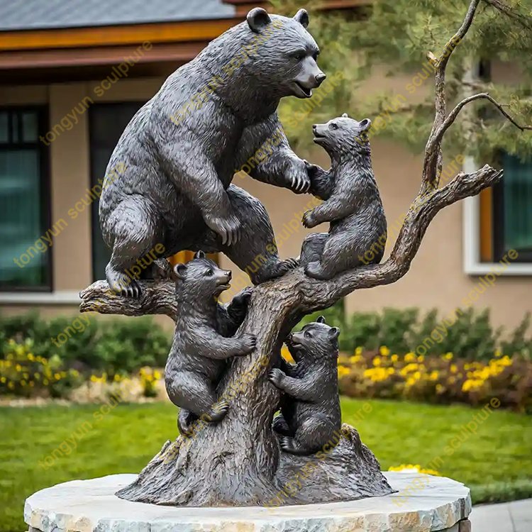 Custom Zoo Bear House Outdoor Decor Modern Large Metal Brass Cast Bear Statue Life Size Bear Climb Tree Play Bronze Sculpture