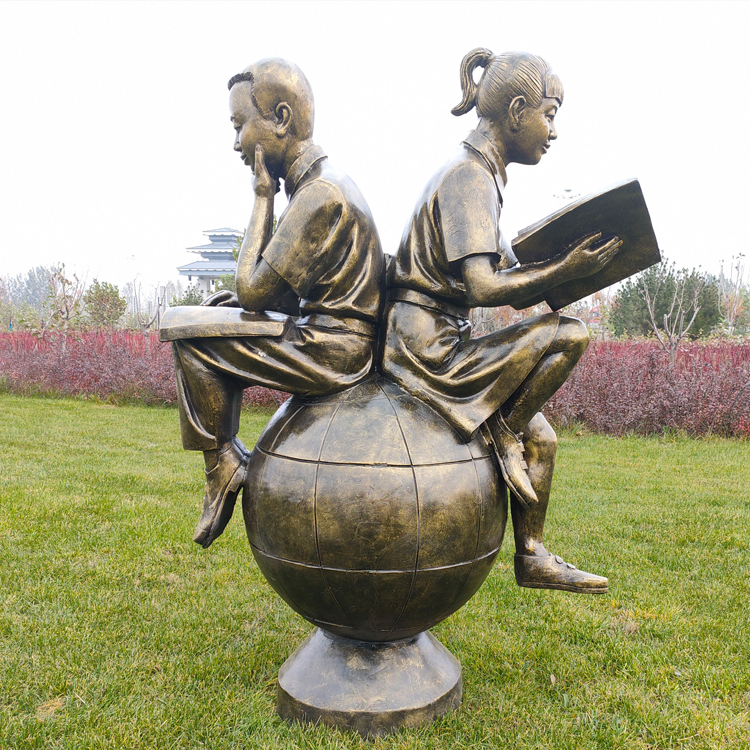 Life Size School Outdoor Decor Stainless Steel Girl And Boy Garden Statues Children Reading Sitting On Ball