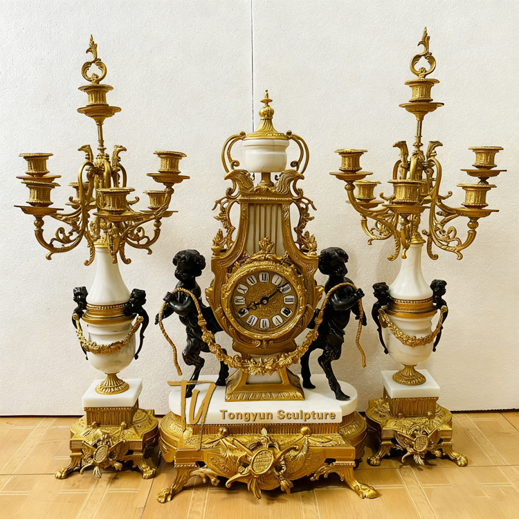 Antiques Louis XVI French Bronze and Marble Garniture Set Clock & Candelabras Two Little Boy Angle Statues