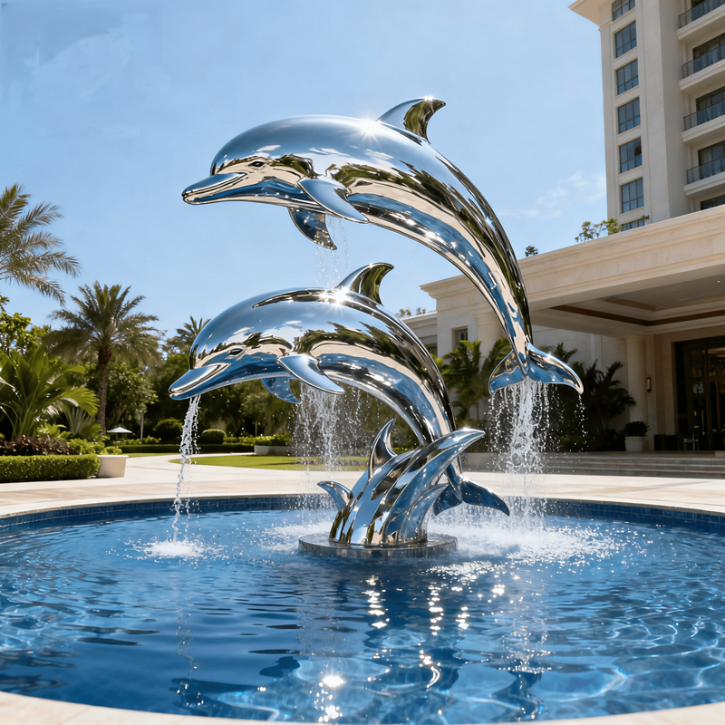 Large Custom Mirror Stainless Steel Dolphin Fountain Sculpture Modern Metal Animal Statue for Pool Resort Landscape Decoration