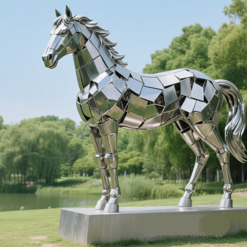 Stainless Steel Horse Sculpture of "Resource Recycling" by the Lake