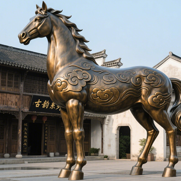 Bronze Horse with Auspicious Cloud Patterns in Front of Ancient Architecture