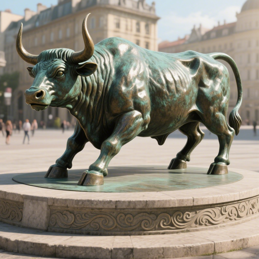 The Bronze Powerful Bull in the Urban Square