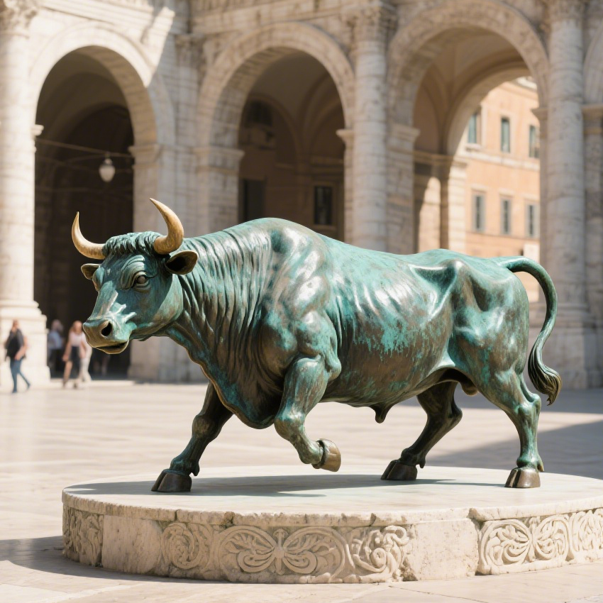 The Bronze Charging Bull Under the Ancient Architectural Dome