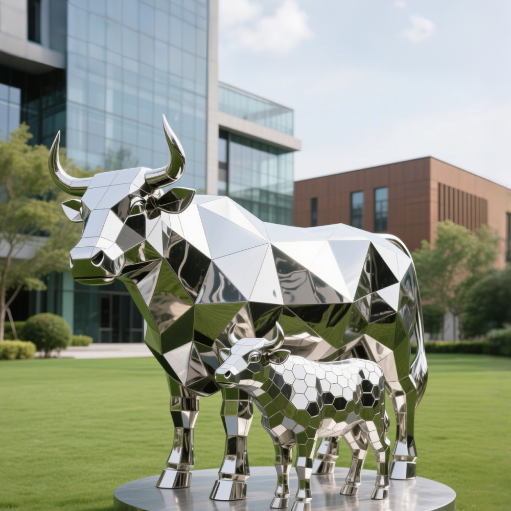 Stainless Steel Geometric Art: The Modern Sculptural Beauty of Mother and Child Bulls