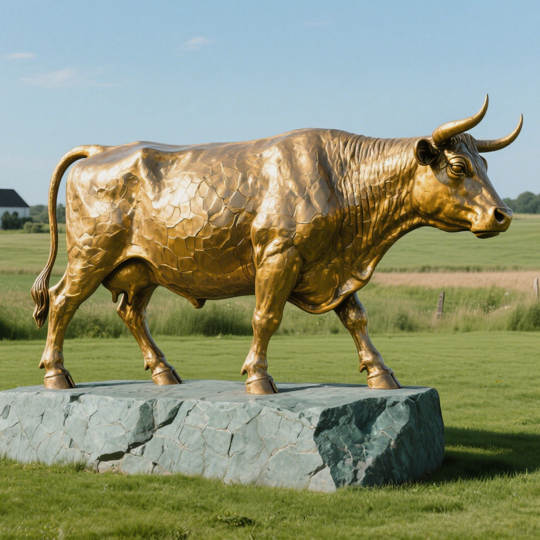 The Bronze Bull Sculpture Standing Quietly in the Countryside