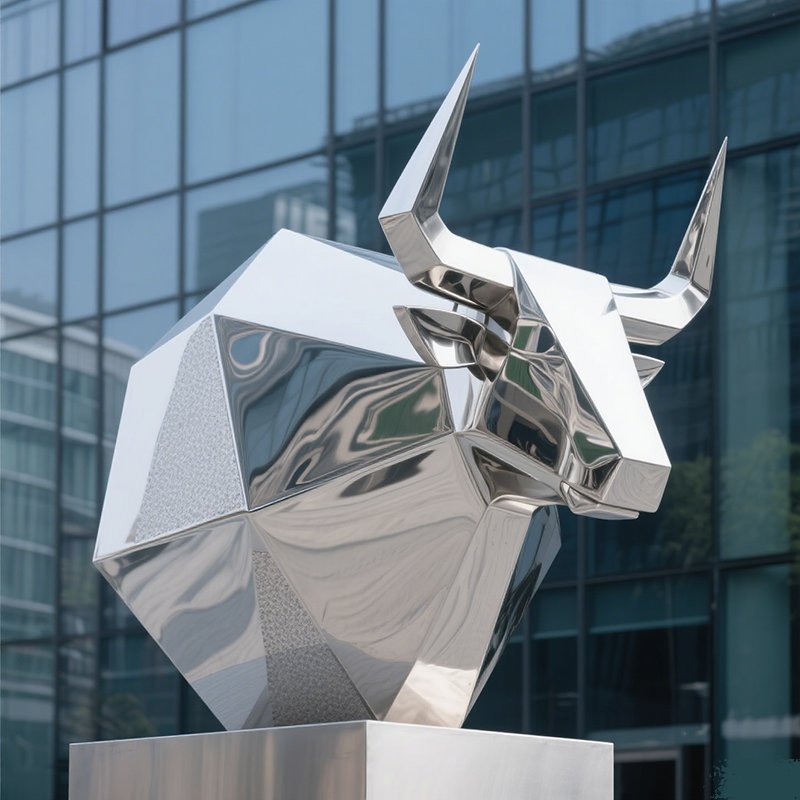 Stainless Steel Geometric Bull Head Sculpture: Artistic Edge in Front of Urban Architecture