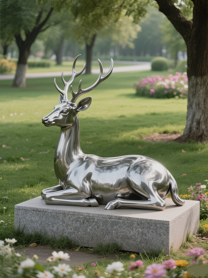 Reclining Stainless Steel Deer Sculpture: Metallic Poetry in Nature