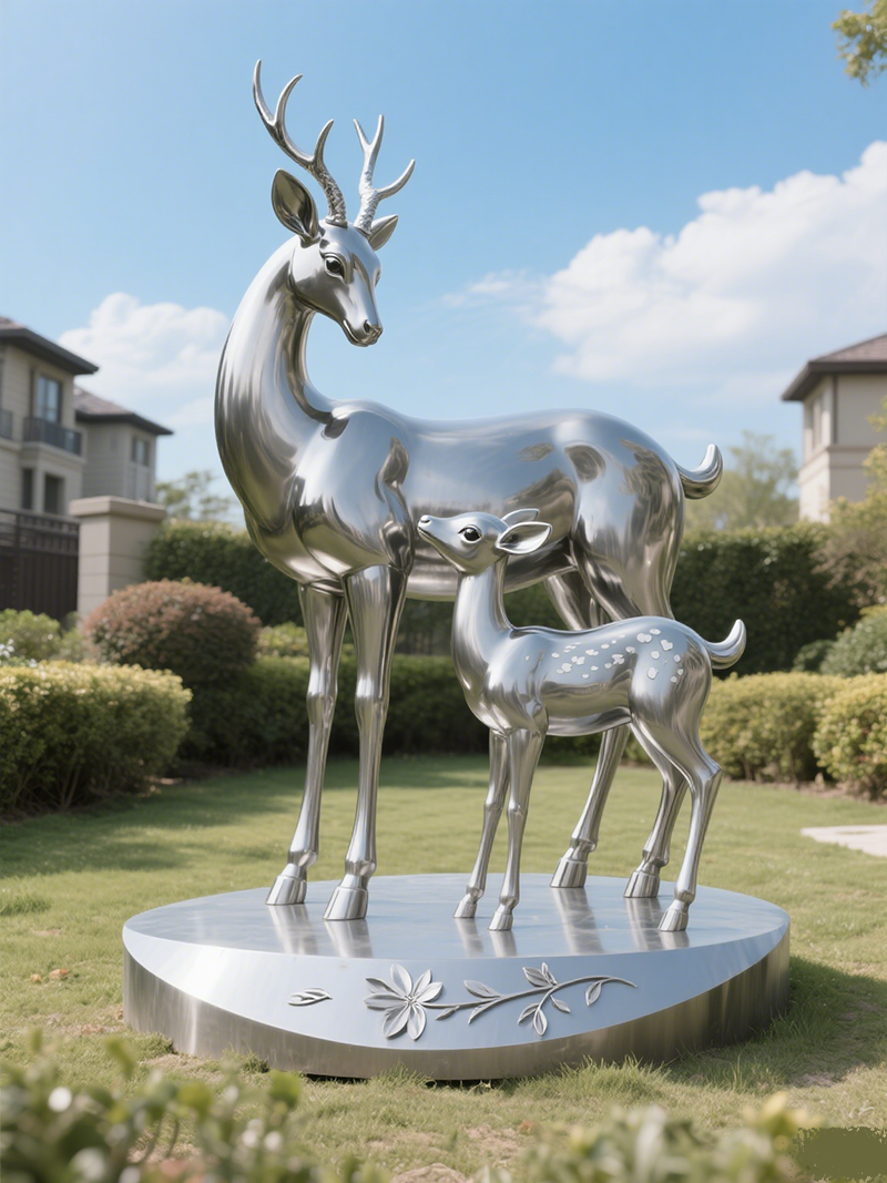 Stainless Steel Mother - and - Fawn Sculpture: The Natural Blend of Metal and Warmth